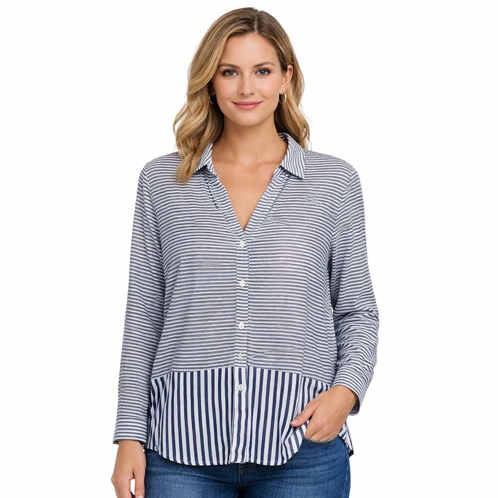 J Jill Shirt Womens Small Blue Striped Button Front Long Sleeve Collared Top - Picture 1 of 6